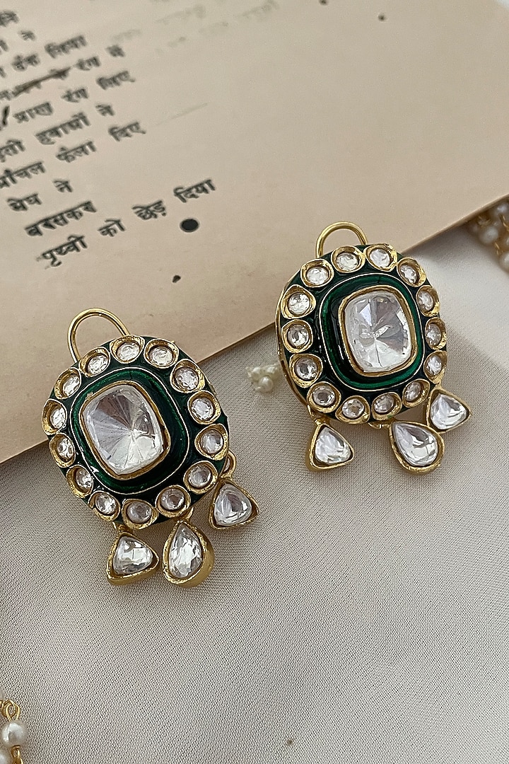 Gold Finish Green Kundan Polki & Pearl Enameled Choker Necklace Set by Saga Jewels at Pernia's Pop Up Shop