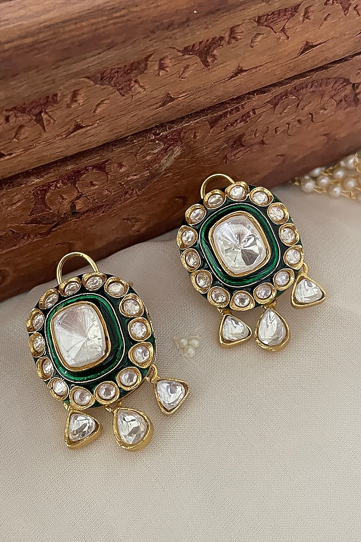 Gold Finish Green Kundan Polki & Pearl Enameled Choker Necklace Set by Saga Jewels at Pernia's Pop Up Shop