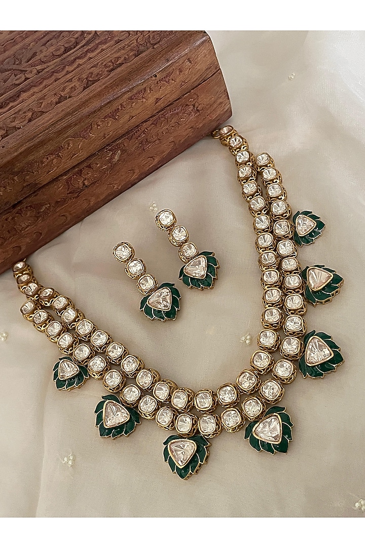 Gold Finish Green Kundan Polki Enameled Choker Necklace Set by Saga Jewels at Pernia's Pop Up Shop