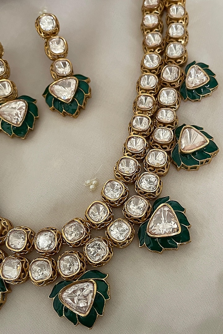 Gold Finish Green Kundan Polki Enameled Choker Necklace Set by Saga Jewels at Pernia's Pop Up Shop