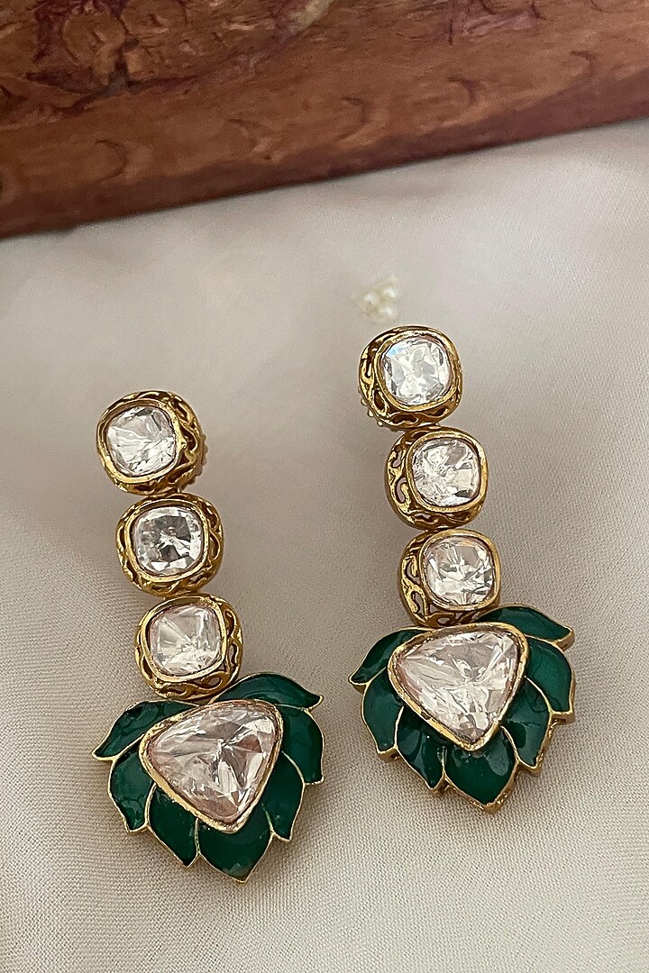 Gold Finish Green Kundan Polki Enameled Choker Necklace Set by Saga Jewels at Pernia's Pop Up Shop