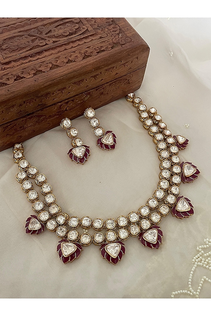 Gold Finish Red Kundan Polki Enameled Choker Necklace Set by Saga Jewels at Pernia's Pop Up Shop