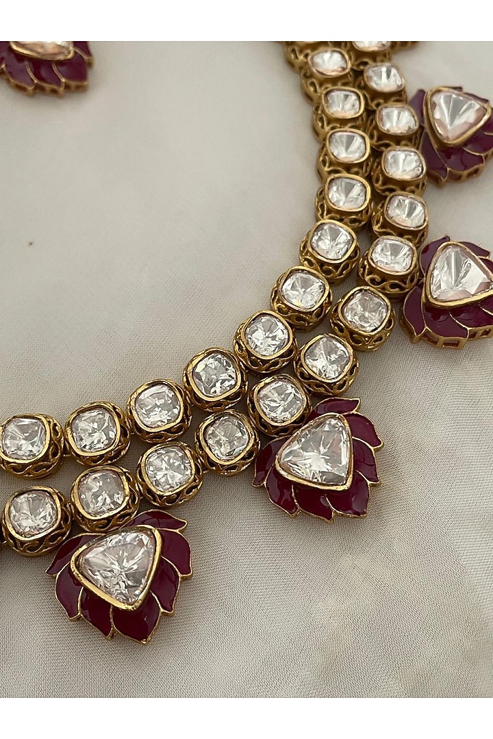 Gold Finish Red Kundan Polki Enameled Choker Necklace Set by Saga Jewels at Pernia's Pop Up Shop