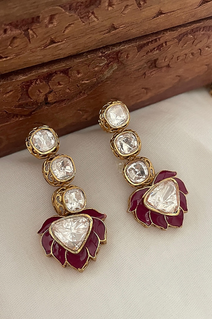 Gold Finish Red Kundan Polki Enameled Choker Necklace Set by Saga Jewels at Pernia's Pop Up Shop