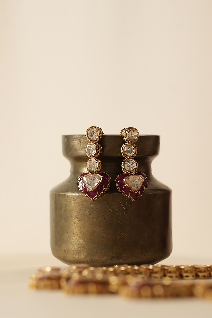 Gold Finish Red Kundan Polki Enameled Choker Necklace Set by Saga Jewels at Pernia's Pop Up Shop