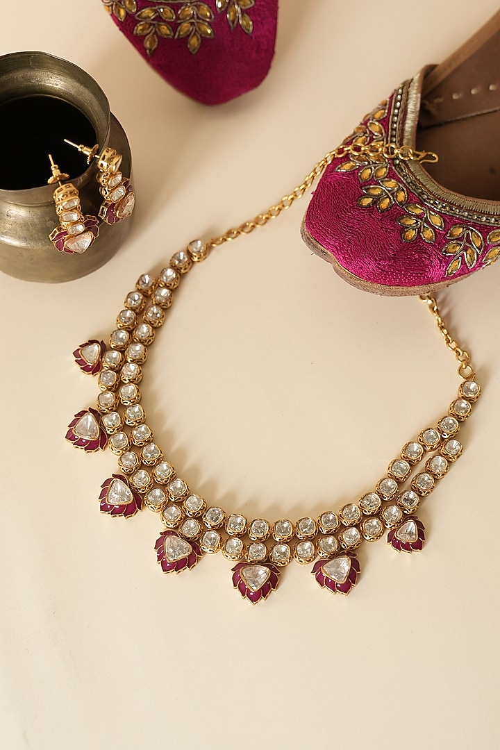 Gold Finish Red Kundan Polki Enameled Choker Necklace Set by Saga Jewels at Pernia's Pop Up Shop
