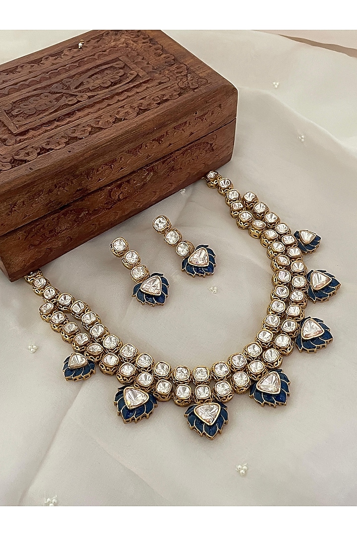 Gold Finish Blue Kundan Polki Enameled Choker Necklace Set by Saga Jewels at Pernia's Pop Up Shop