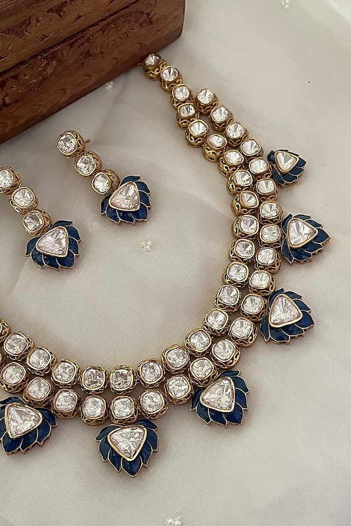 Gold Finish Blue Kundan Polki Enameled Choker Necklace Set by Saga Jewels at Pernia's Pop Up Shop