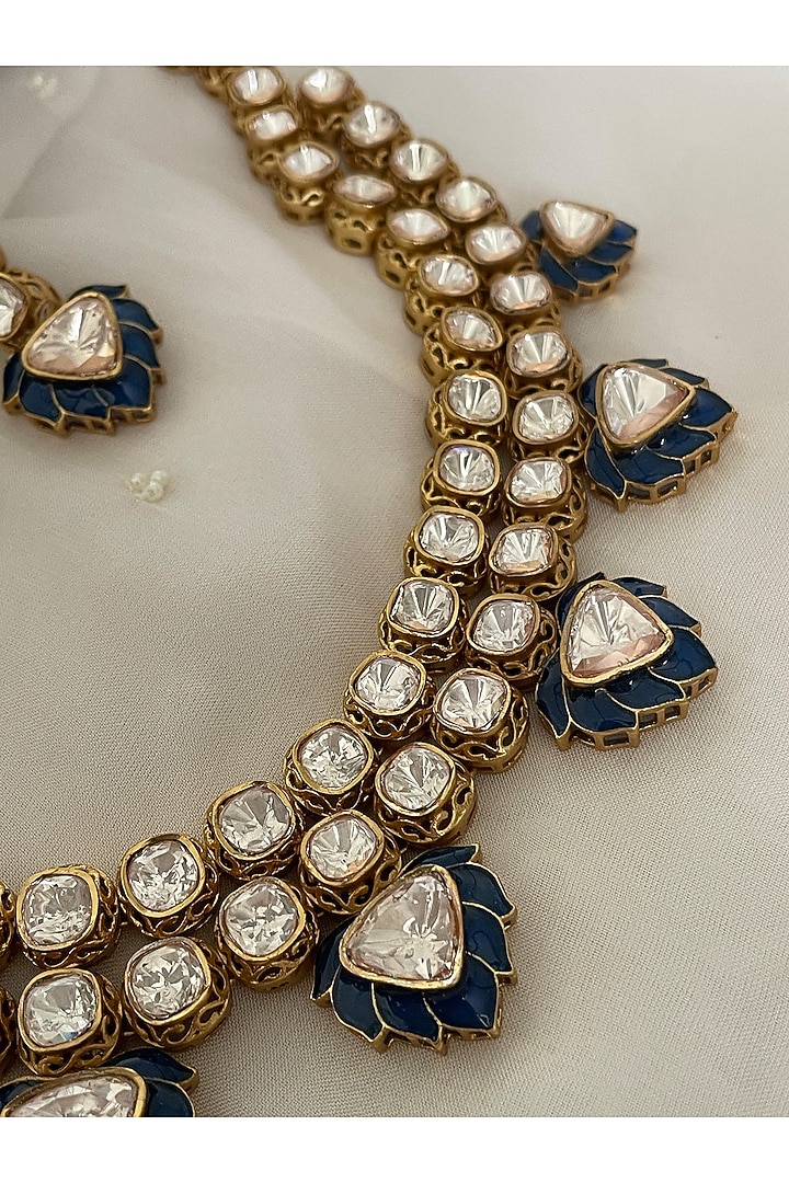 Gold Finish Blue Kundan Polki Enameled Choker Necklace Set by Saga Jewels at Pernia's Pop Up Shop