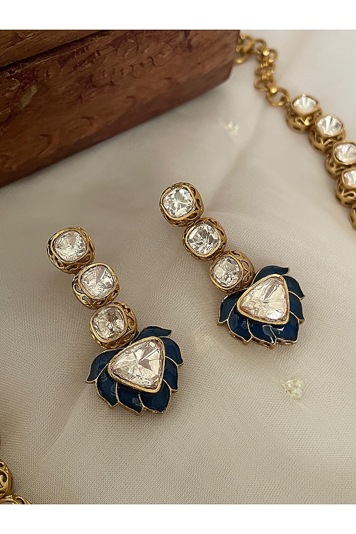 Gold Finish Blue Kundan Polki Enameled Choker Necklace Set by Saga Jewels at Pernia's Pop Up Shop