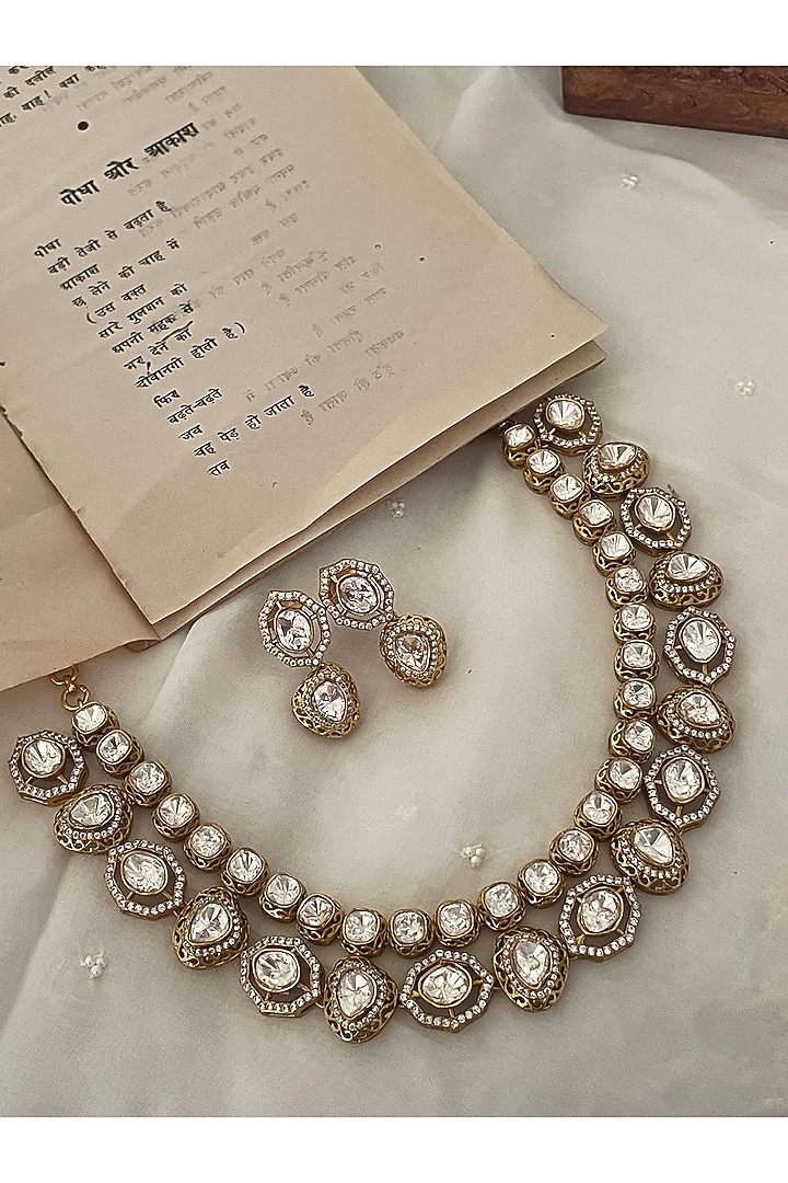 Gold Finish Kundan Polki Choker Necklace Set by Saga Jewels at Pernia's Pop Up Shop