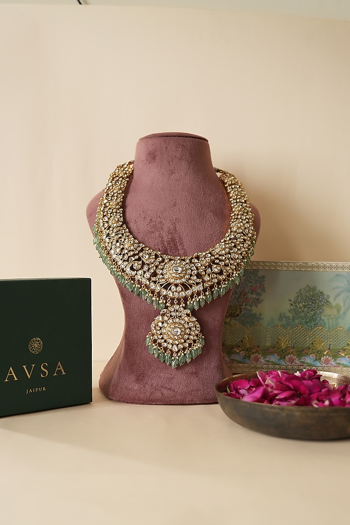 Gold Finish Kundan Polki & Green Beaded Choker Necklace Set by Saga Jewels at Pernia's Pop Up Shop