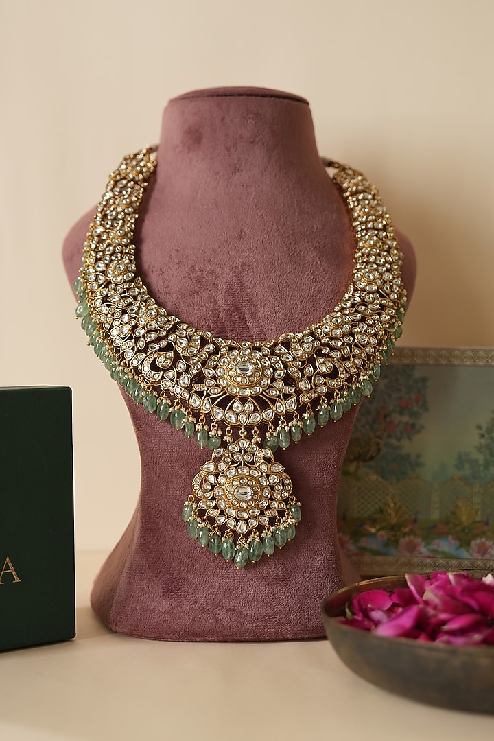 Gold Finish Kundan Polki & Green Beaded Choker Necklace Set by Saga Jewels at Pernia's Pop Up Shop