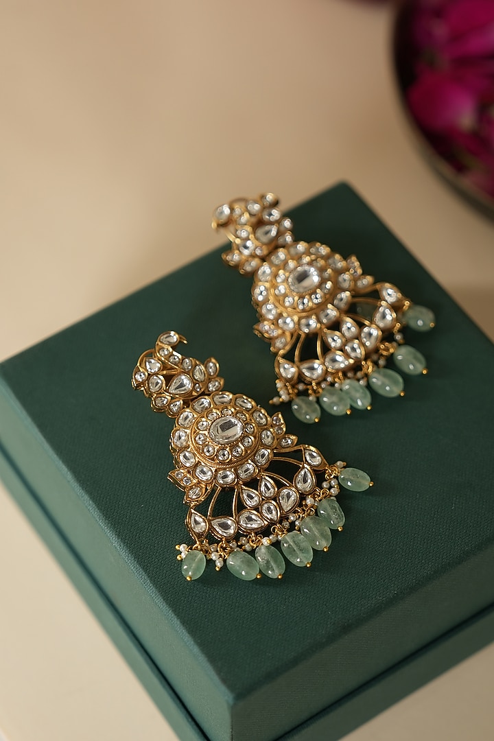 Gold Finish Kundan Polki & Green Beaded Choker Necklace Set by Saga Jewels at Pernia's Pop Up Shop