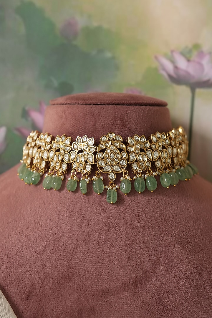Gold Finish Kundan Polki & Green Beaded Choker Necklace Set by Saga Jewels at Pernia's Pop Up Shop