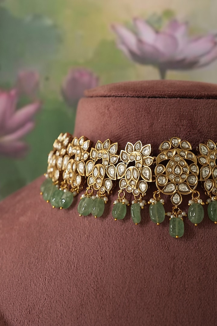 Gold Finish Kundan Polki & Green Beaded Choker Necklace Set by Saga Jewels at Pernia's Pop Up Shop