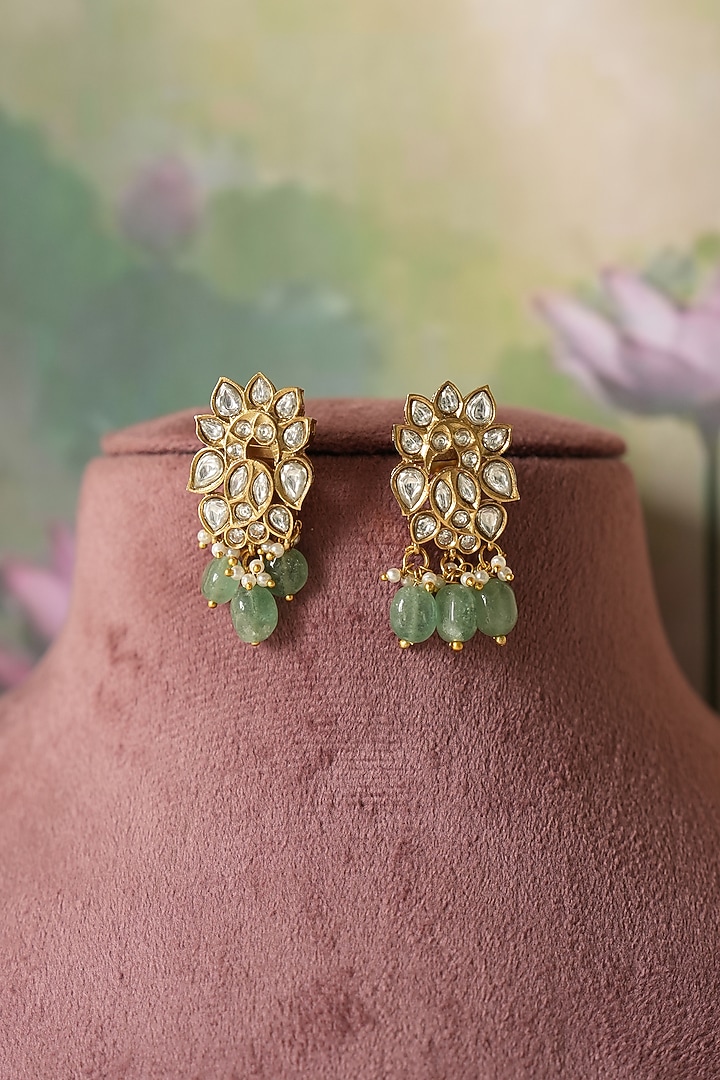 Gold Finish Kundan Polki & Green Beaded Choker Necklace Set by Saga Jewels at Pernia's Pop Up Shop