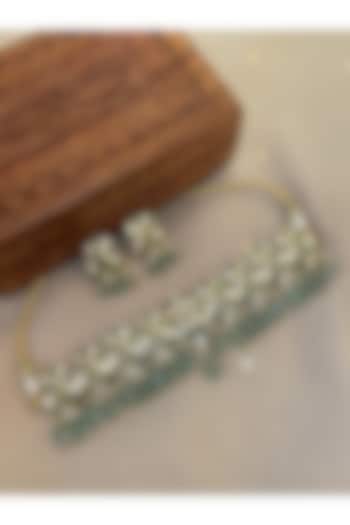 Gold Finish Kundan Polki & Green Stone Choker Necklace Set by Saga Jewels at Pernia's Pop Up Shop