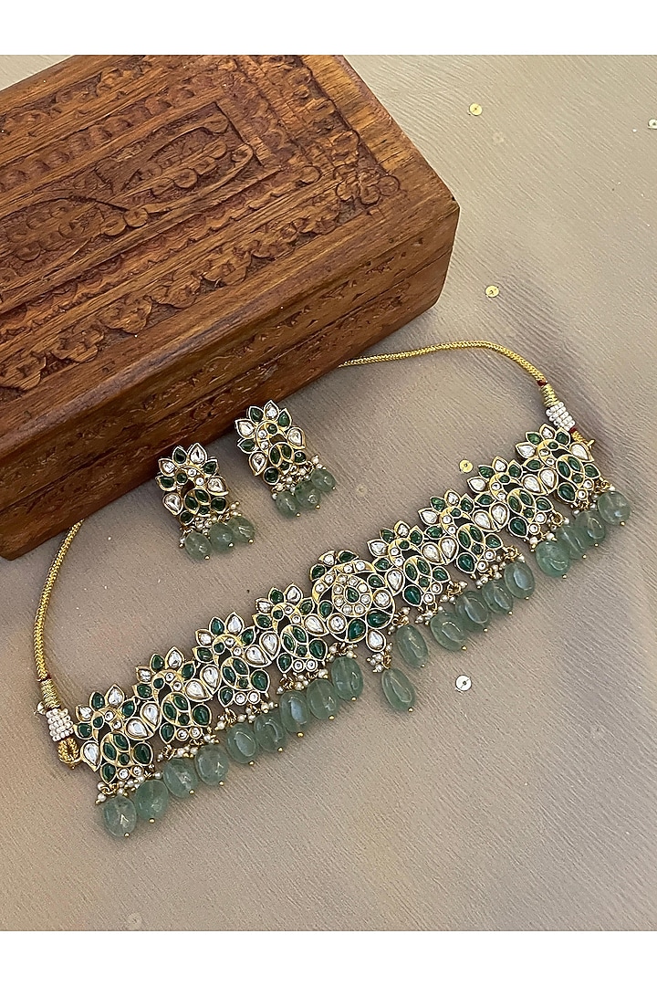 Gold Finish Kundan Polki & Green Stone Choker Necklace Set by Saga Jewels at Pernia's Pop Up Shop