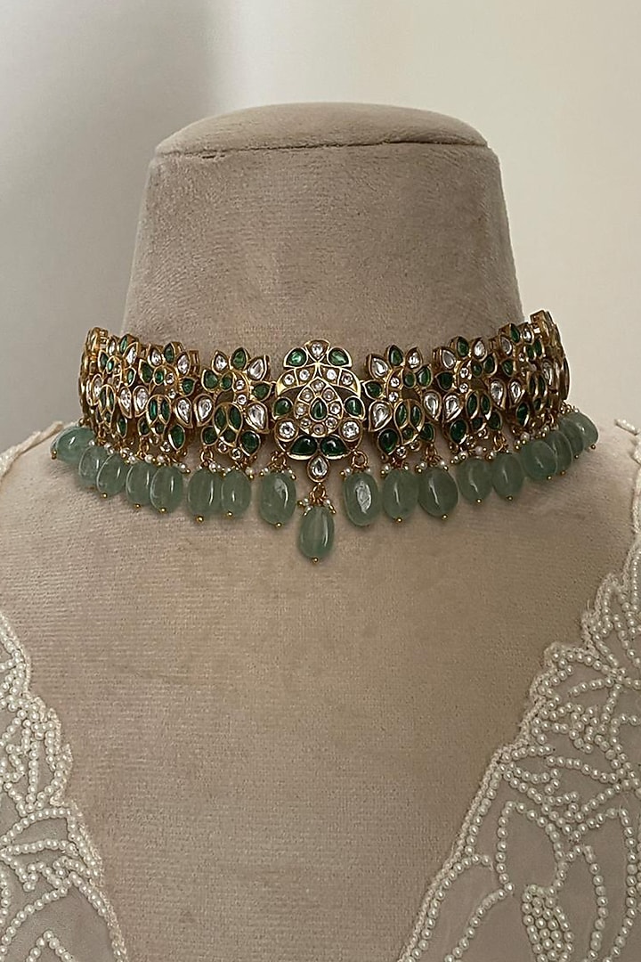 Gold Finish Kundan Polki & Green Stone Choker Necklace Set by Saga Jewels at Pernia's Pop Up Shop