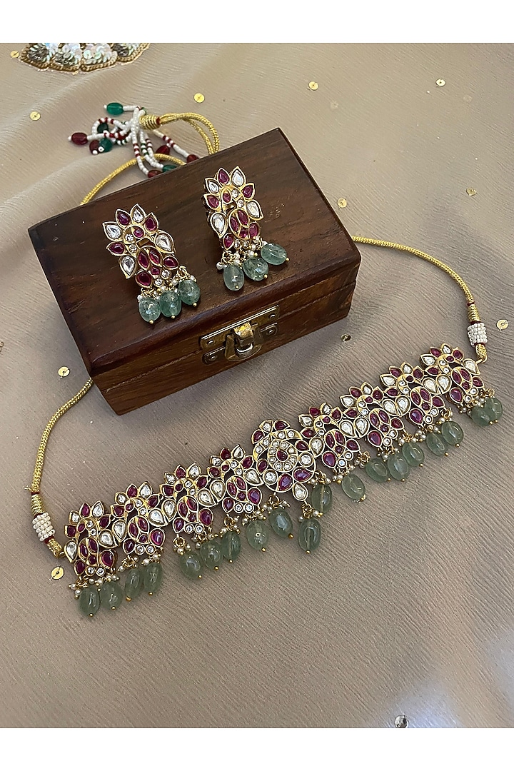Gold Finish Kundan Polki & Red Stone Choker Necklace Set by Saga Jewels at Pernia's Pop Up Shop