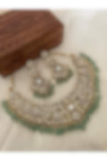 Gold Finish Kundan Polki & Green Beaded Choker Necklace Set by Saga Jewels at Pernia's Pop Up Shop