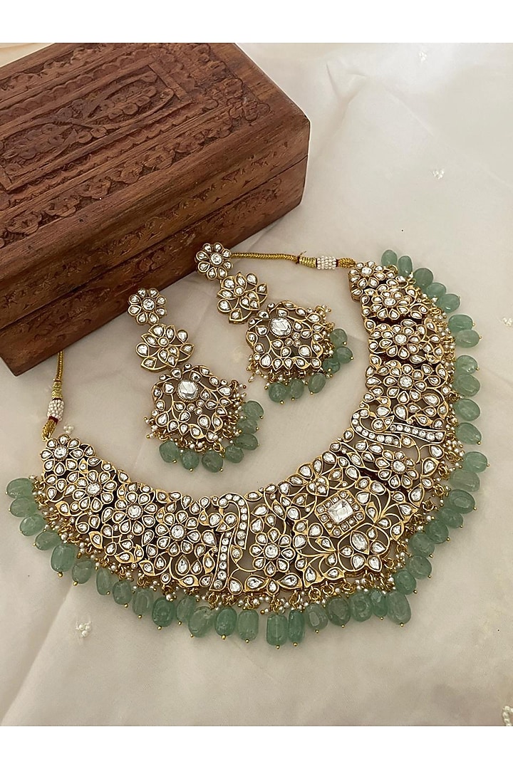 Gold Finish Kundan Polki & Green Beaded Choker Necklace Set by Saga Jewels at Pernia's Pop Up Shop