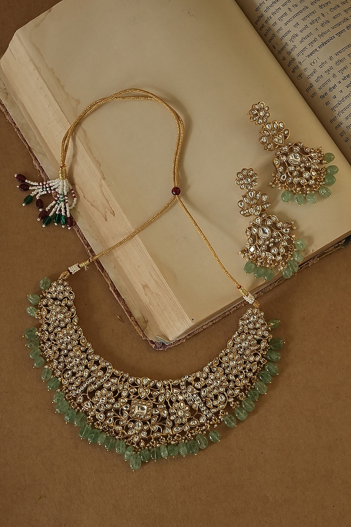 Gold Finish Kundan Polki & Green Beaded Choker Necklace Set by Saga Jewels at Pernia's Pop Up Shop