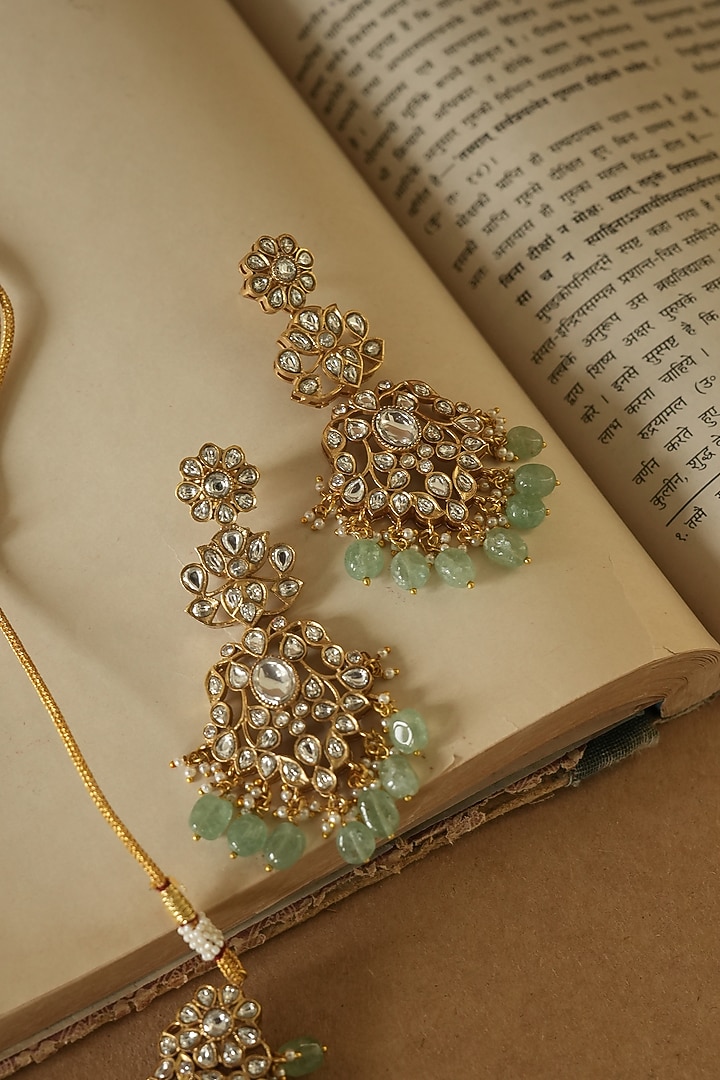 Gold Finish Kundan Polki & Green Beaded Choker Necklace Set by Saga Jewels at Pernia's Pop Up Shop