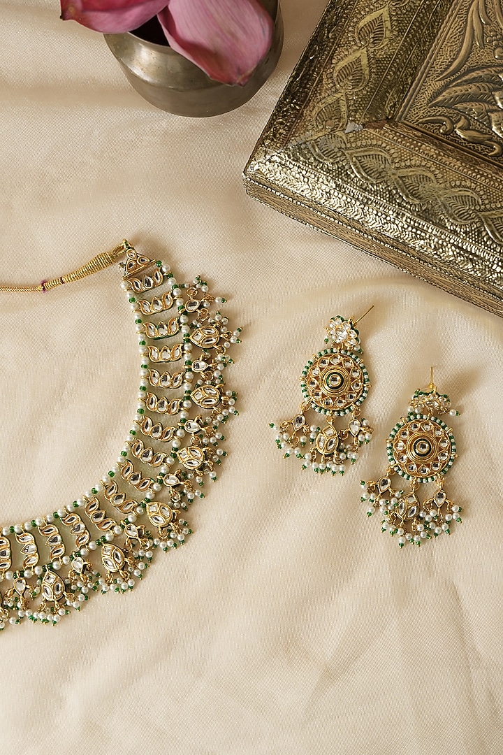 Gold Finish Green Kundan Polki Choker Necklace Set by Saga Jewels at Pernia's Pop Up Shop