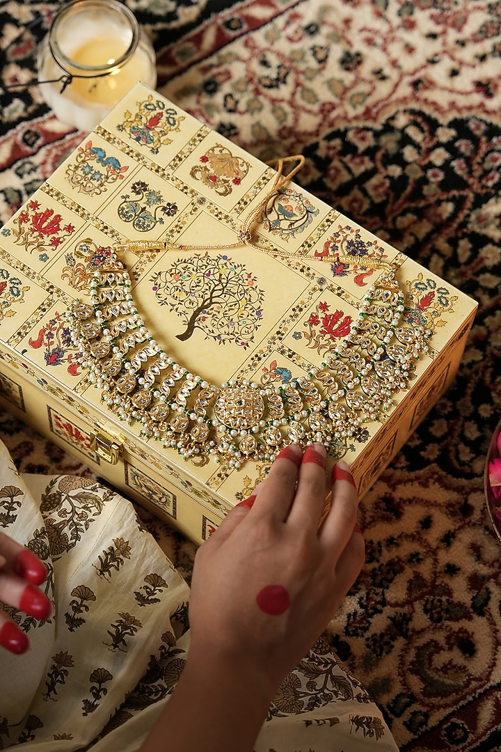 Gold Finish Green Kundan Polki Choker Necklace Set by Saga Jewels at Pernia's Pop Up Shop