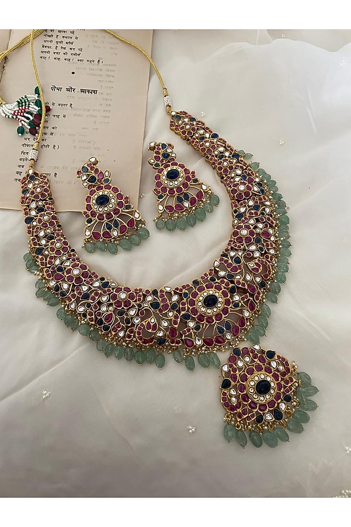 Gold Finish Multi-Colored Kundan Polki Choker Necklace Set by Saga Jewels at Pernia's Pop Up Shop