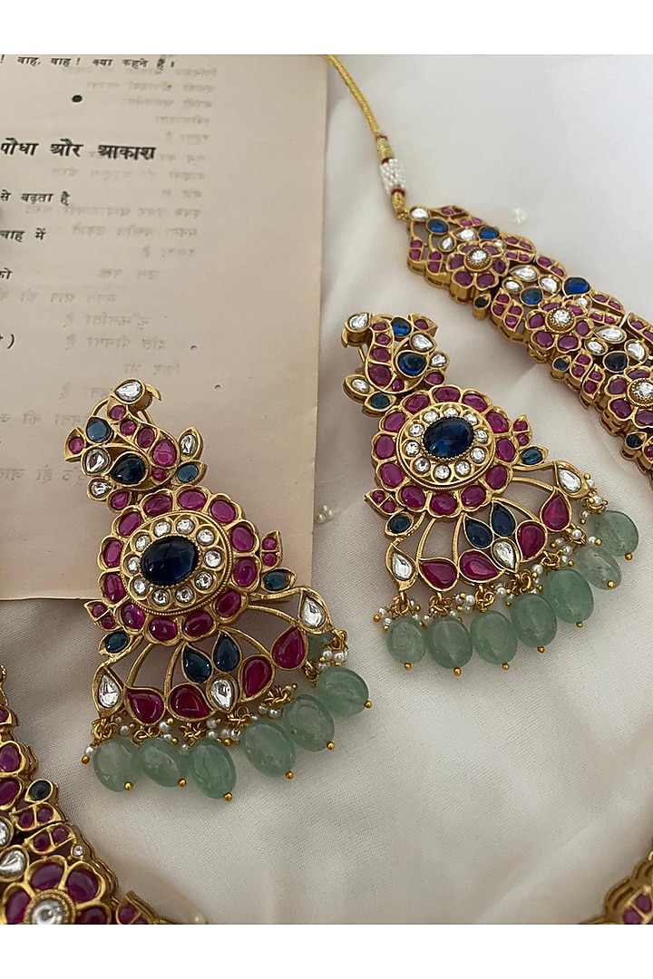 Gold Finish Multi-Colored Kundan Polki Choker Necklace Set by Saga Jewels at Pernia's Pop Up Shop