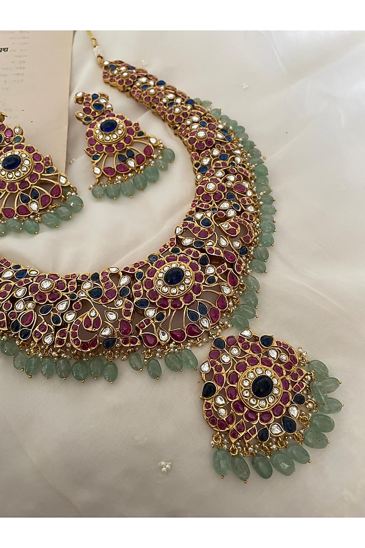Gold Finish Multi-Colored Kundan Polki Choker Necklace Set by Saga Jewels at Pernia's Pop Up Shop