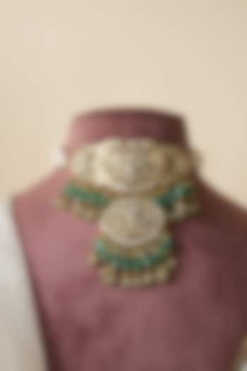 Gold Finish Green Kundan Polki Choker Necklace Set by Saga Jewels at Pernia's Pop Up Shop