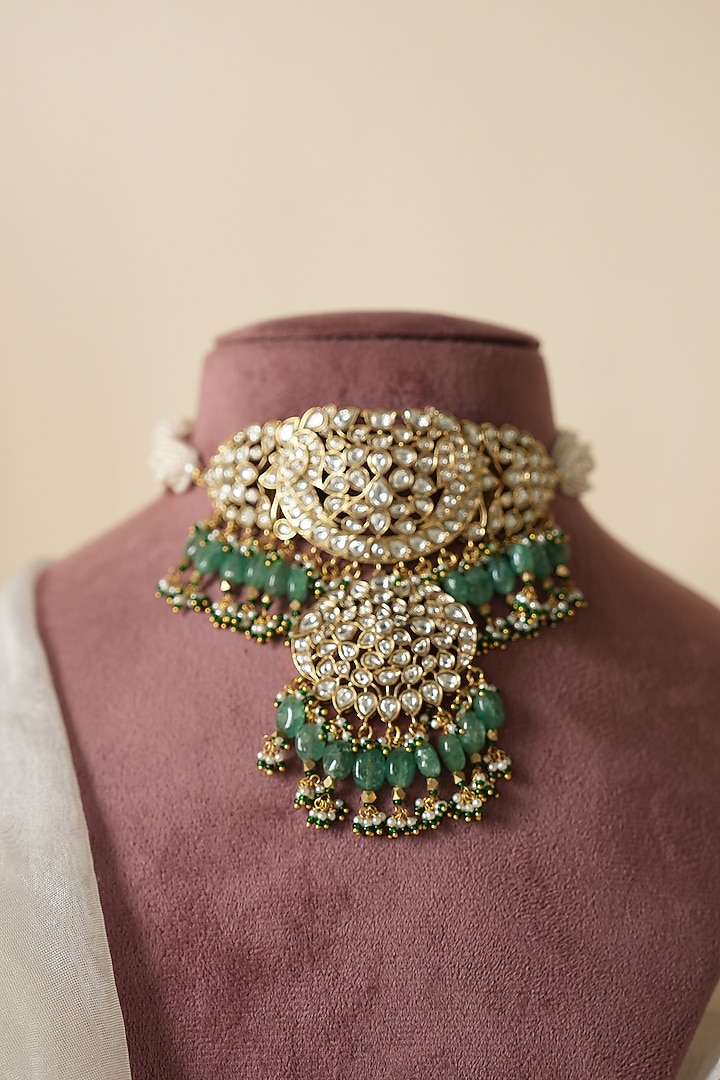 Gold Finish Green Kundan Polki Choker Necklace Set by Saga Jewels at Pernia's Pop Up Shop