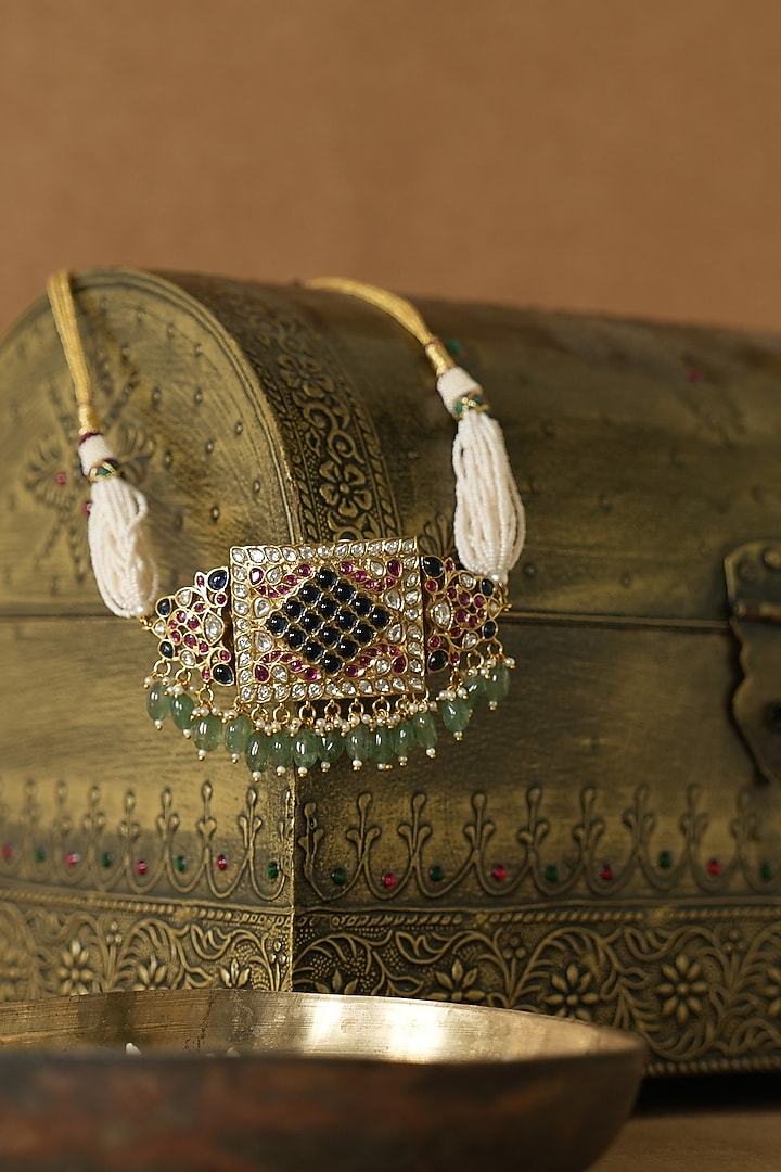 Gold Finish Multi-Colored Stone & Kundan Polki Choker Necklace Set by Saga Jewels at Pernia's Pop Up Shop