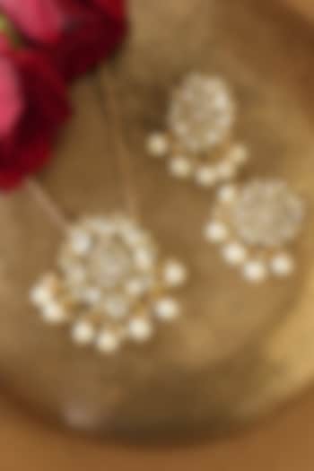 Gold Finish White Kundan Polki & Pearl Long Necklace Set by Saga Jewels at Pernia's Pop Up Shop