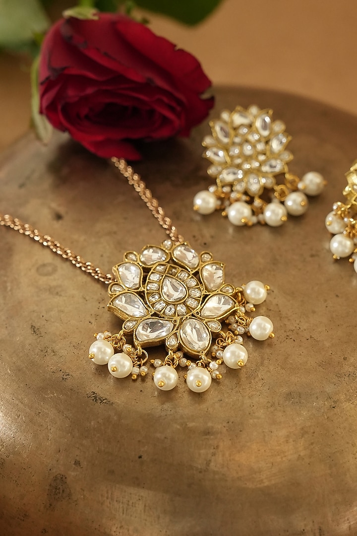 Gold Finish White Kundan Polki & Pearl Long Necklace Set by Saga Jewels at Pernia's Pop Up Shop