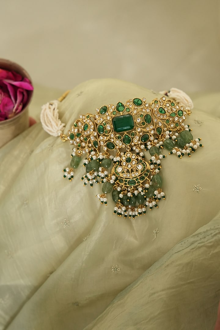 Gold Finish Green Kundan Polki Choker Necklace Set by Saga Jewels at Pernia's Pop Up Shop