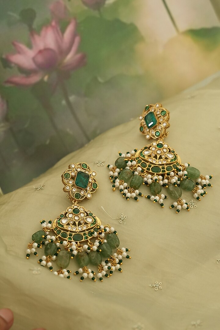 Gold Finish Green Kundan Polki Choker Necklace Set by Saga Jewels at Pernia's Pop Up Shop