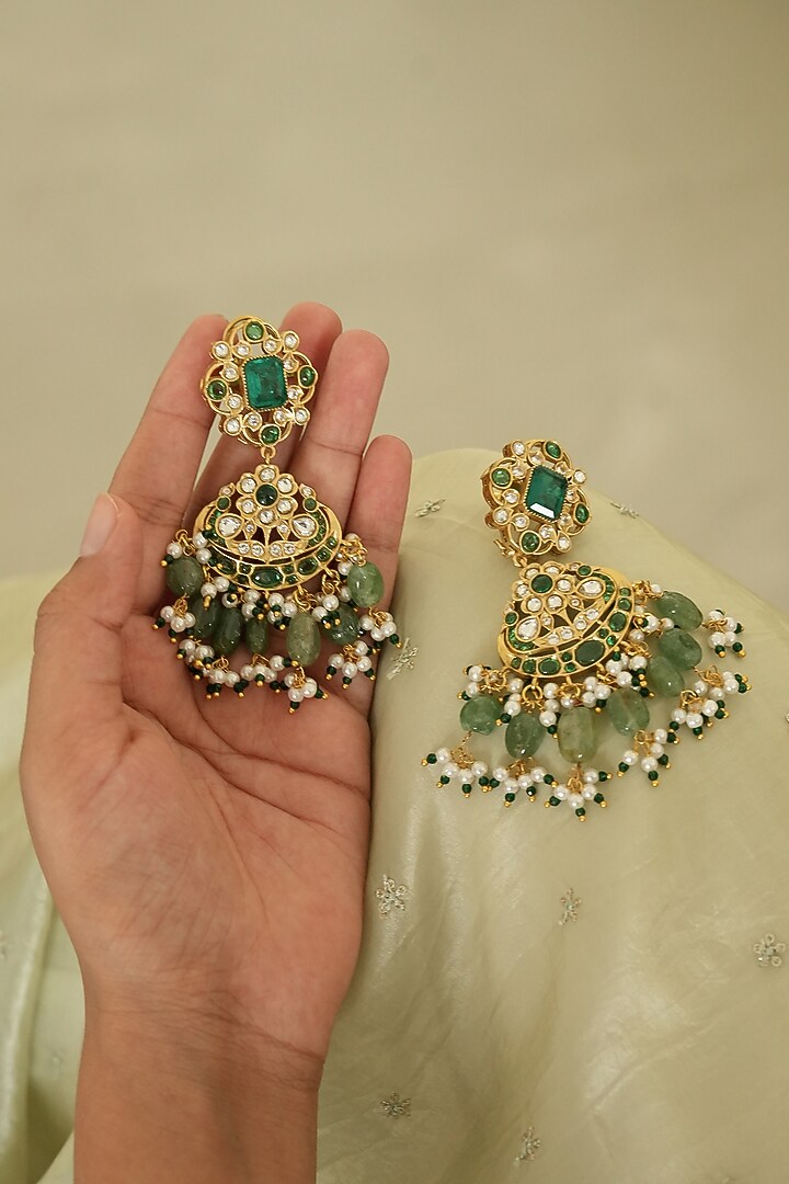 Gold Finish Green Kundan Polki Choker Necklace Set by Saga Jewels at Pernia's Pop Up Shop
