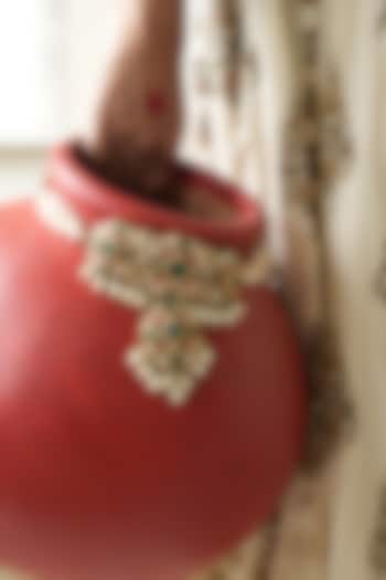 Gold Finish Kundan Polki & Pearl Choker Necklace Set by Saga Jewels at Pernia's Pop Up Shop