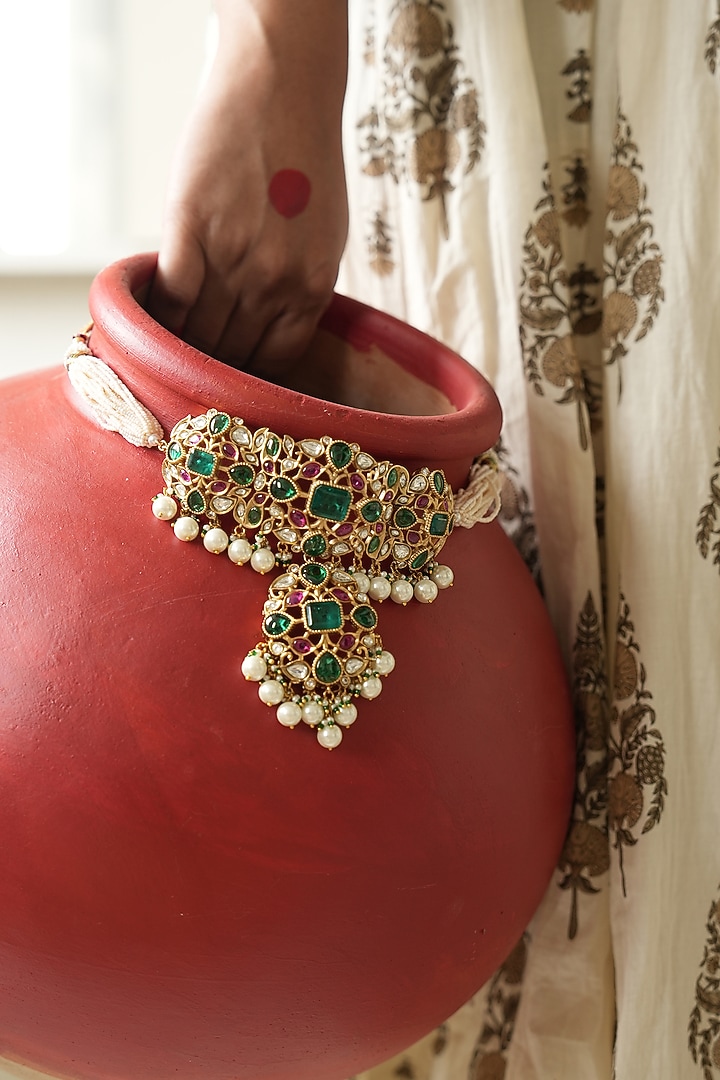 Gold Finish Kundan Polki & Pearl Choker Necklace Set by Saga Jewels at Pernia's Pop Up Shop