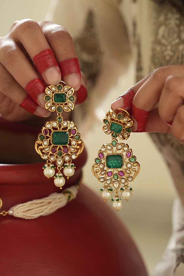 Gold Finish Kundan Polki & Pearl Choker Necklace Set by Saga Jewels at Pernia's Pop Up Shop
