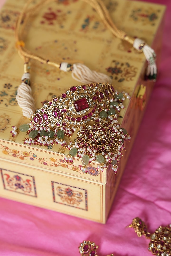 Gold Finish Multi-Colored Kundan Polki Choker Necklace Set by Saga Jewels at Pernia's Pop Up Shop