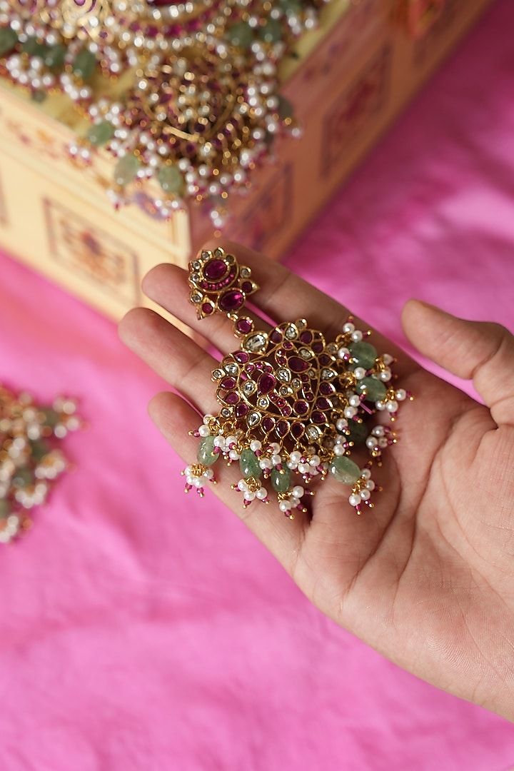 Gold Finish Multi-Colored Kundan Polki Choker Necklace Set by Saga Jewels at Pernia's Pop Up Shop