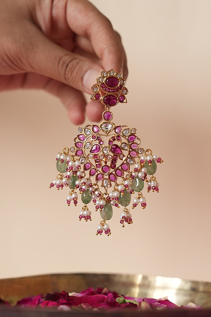 Gold Finish Multi-Colored Kundan Polki Choker Necklace Set by Saga Jewels at Pernia's Pop Up Shop