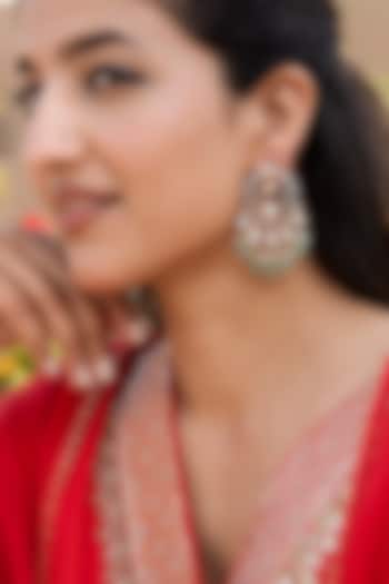 Gold Finish Kundan Polki & Jade Bead Chandbali Earrings by Saga Jewels at Pernia's Pop Up Shop