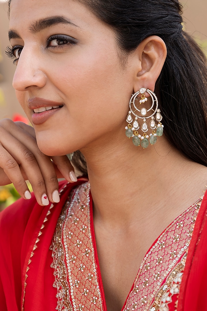Gold Finish Kundan Polki & Jade Bead Chandbali Earrings by Saga Jewels at Pernia's Pop Up Shop
